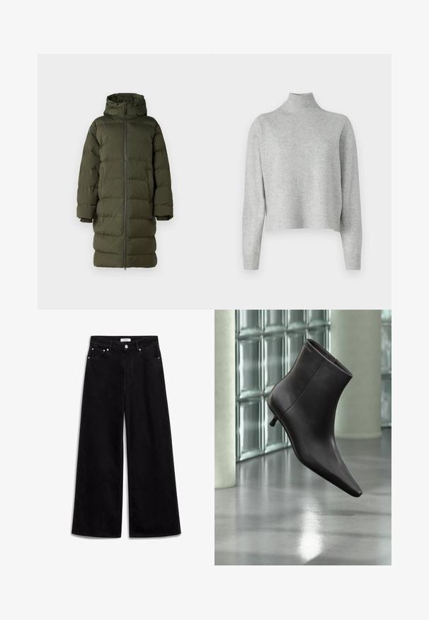 Manteau rembourré vert olive avec une capuche, doté d'un zip frontal intégral, d'un design matelassé et de manches à poignets. Tissu lisse et isolant.; Pull à col roulé gris clair en tricot doux, avec des manches longues et un ourlet et des poignets côtelés. Pas de motifs ni de détails en matériel.; Jean large noir en denim, avec une taille haute, cinq poches et des accents en métal argenté. Texture lisse, design épuré.; Bottine en cuir noir avec bout pointu et petit talon, présentée devant un mur en blocs de verre et un sol poli.