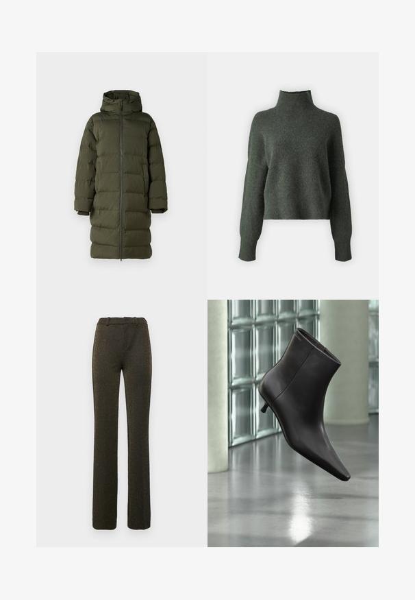 Manteau rembourré vert olive avec une capuche, doté d'un zip frontal intégral, d'un design matelassé et de manches à poignets. Tissu lisse et isolant.; Pull court vert foncé avec un col montant et des manches longues légèrement fuselées ; texture douce avec un aspect léger.; Pantalons noirs évasés en tissu texturé avec une brillance dorée. Possède un devant plat et des passants de ceinture. Taillés pour une silhouette ajustée.; Bottine en cuir noir avec bout pointu et petit talon, présentée devant un mur en blocs de verre et un sol poli.