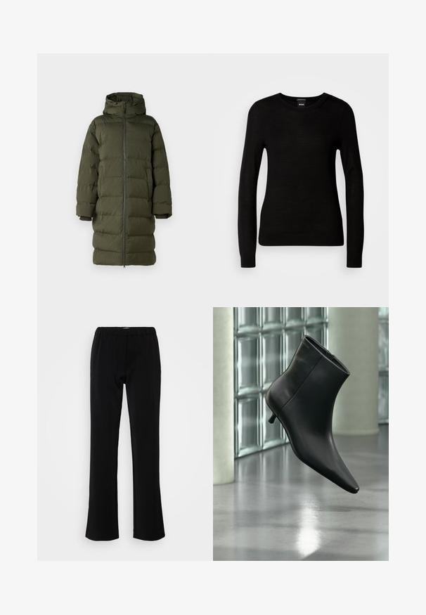 Manteau rembourré vert olive avec une capuche, doté d'un zip frontal intégral, d'un design matelassé et de manches à poignets. Tissu lisse et isolant.; Pull noir en maille fine, avec un col rond et des manches longues à poignets ajustés. Pas de motifs ou d'ornements visibles.; Pantalons noirs avec un design évasé, fabriqués en tissu lisse. Présentent une taille élastique pour le confort et une silhouette épurée et simple.; Bottine en cuir noir à bout pointu et petit talon kitten, présentée en angle devant un sol poli et un mur en blocs de verre.