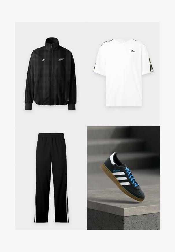 Schwarze karierte Zip-Jacke mit hohem Kragen, mit weißen gestickten Logos, elastischen Bündchen und Saum, hergestellt aus glattem, leichtem Material.; Weißes Baumwoll-T-Shirt mit kurzen Ärmeln, ausgestattet mit schwarzen drei Streifen-Akzenten an den Schultern und einem kleinen schwarzen Logo auf der Brust.; Schwarze Sporthose aus Mesh-Gewebe mit geradem Schnitt, elastischem Bund und weißen Seitenstreifen. Sportlogo sichtbar.; Schwarzer Adidas-Sneaker mit weißen Streifen, blauen Schnürsenkeln und Gummisohle, der über einer grauen Betontreppe im weichen Licht schwebt.