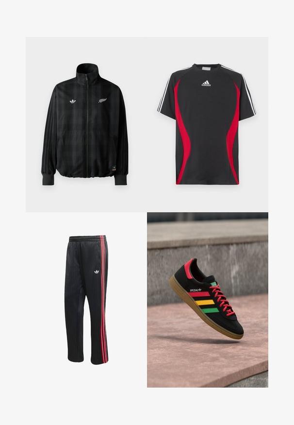 Zwarte geruite zip-up jas met hoge kraag, voorzien van witte geborduurde logo's, elastische manchetten en zoom, gemaakt van glad, lichtgewicht materiaal.; Zwart T-shirt met korte mouwen, rode accenten aan de zijkanten, wit Adidas-logo op de borst en witte strepen op de schouders. Gemaakt van een gladde stof.; Zwarte trainingsbroek met verticale geribbelde textuur, voorzien van rode en witte zijstrepen en een klein wit logo op het linkerbeen.; Zwarte Adidas Spezial sneaker met rode, gele en groene strepen, rode veters, gumzool en een rode hieldetail, zwevend boven het trottoir.