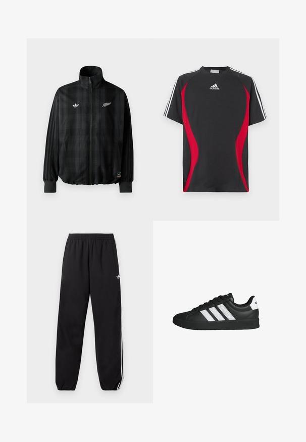 Schwarze karierte Zip-Jacke mit hohem Kragen, mit weißen gestickten Logos, elastischen Bündchen und Saum, hergestellt aus glattem, leichtem Material.; Schwarzes kurzärmeliges T-Shirt mit roten Seiteneinsätzen, weißem Adidas-Logo auf der Brust und weißen Schulterstreifen. Hergestellt aus einem glatten Stoff.; Schwarze Adidas-Trainingshose mit weißen Seitenstreifen, elastischem Bund und Knöchelabschlüssen, mit kleinem Logo am oberen Oberschenkel.; Schwarzer Adidas-Sneaker mit weißen Streifen, schwarzer Sohle, Schnürdesign und weißer Fersenschlaufe mit Adidas-Logo, seitlich dargestellt.