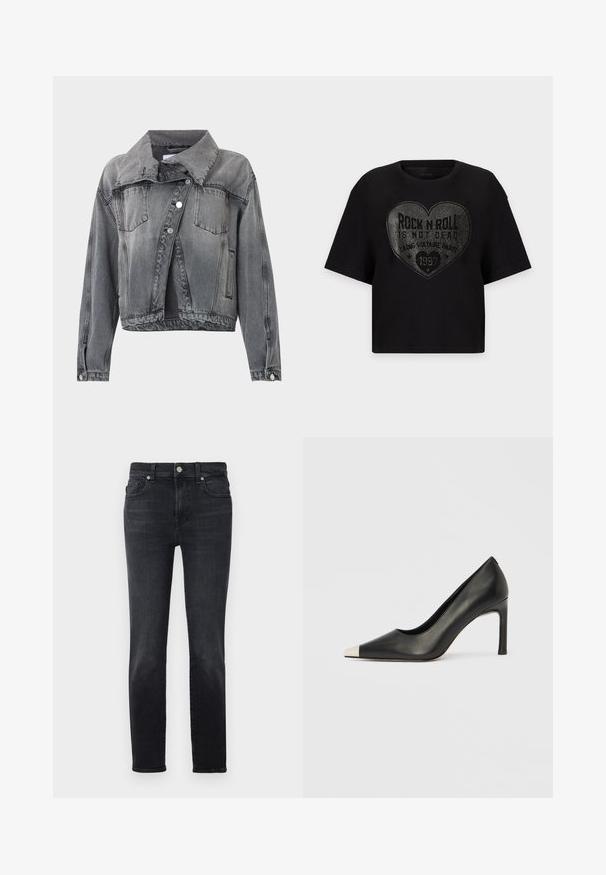 Veste en denim noir délavé avec fermeture à boutons, deux poches poitrine, poches latérales, manches longues et large col.; T-shirt noir à manches courtes avec un grand motif en clous argentés en forme de cœur et la phrase "Rock n Roll is not dead" centrée sur le devant.; Jean en denim noir avec une coupe droite, se fermant par un bouton, avec cinq poches et des détails de couture subtils.; Chaussure à talon haut en cuir noir avec bout pointu et capuchon argenté métallique. Présente une finition lisse et un talon fin de 10 cm.