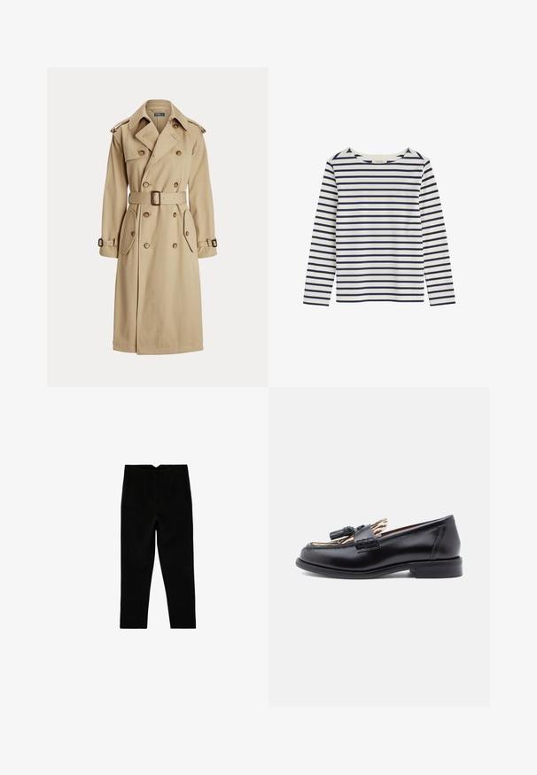 Beige trenchcoat med dobbeltbrystet front, store knapper, bælte i taljen, to sidelommer og skulderepauleter. Glat stofstruktur.; Langærmet hvid skjorte med horisontale marineblå striber og rund halsudskæring, lagt fladt på en hvid baggrund.; Sorte skræddersyede ankelkorte bukser med sidelommer og let tilspidset ben, vist fladt på en hvid baggrund.; Sorte læder loafers med en rund tå, der har en vævet kwastdetalje og en kontrasterende dyreprint-foring. Lav, lige hæl.