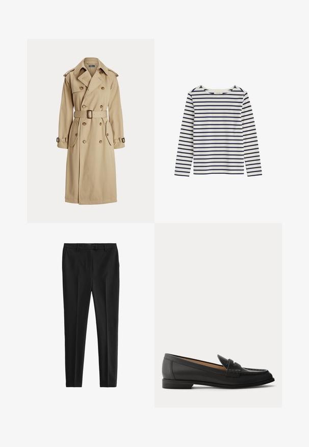Beige trenchcoat med dobbeltbrystet front, store knapper, bælte i taljen, to sidelommer og skulderepauleter. Glat stofstruktur.; Langærmet hvid skjorte med horisontale marineblå striber og rund halsudskæring, lagt fladt på en hvid baggrund.; Sorte skræddersyede bukser lavet af glat stof. Har flad front, sidelommer og en slim fit design. Rent, minimalistisk stil.; Sort dames loafer i læder med lav hæl, rundet tå og syninger på overdelen, vist fra siden på en ensfarvet baggrund.