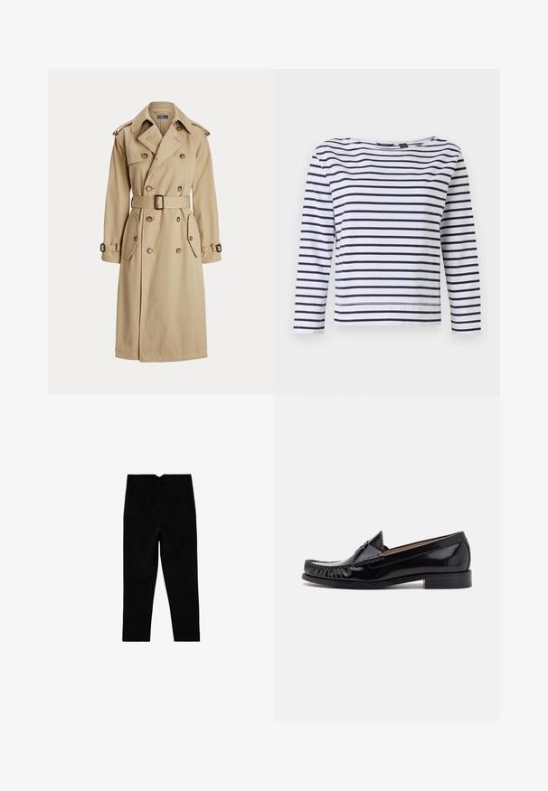 Beige trenchcoat med dobbeltbrystet front, store knapper, bælte i taljen, to sidelommer og skulderepauleter. Glat stofstruktur.; Stribet langærmet top i hvid og marineblå, med en bådudskæring og en afslappet pasform. Lavet af blødt bomuldsstof med syede kanter.; Sorte skræddersyede ankelkorte bukser med sidelommer og let tilspidset ben, vist fladt på en hvid baggrund.; Sorte læder moccasin sko med en skinnende finish, der har frynsedetaljer langs fronten og en lav stabelhælk.