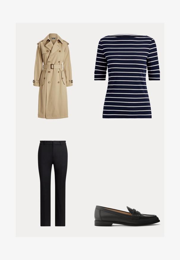 Beige trenchcoat med dobbeltbrystet front, store knapper, bælte i taljen, to sidelommer og skulderepauleter. Glat stofstruktur.; Marineblå skjorte med hvide vandrette striber og albuelange ærmer, vist på en ensfarvet lys baggrund.; Sorte skræddersyede bukser med lige ben, bæltestropper og forlukning, vist mod en ensfarvet lys baggrund.; Sort dames loafer i læder med lav hæl, rundet tå og syninger på overdelen, vist fra siden på en ensfarvet baggrund.