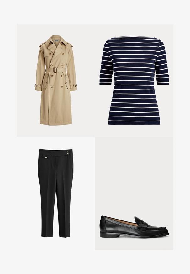 Beige trenchcoat met een dubbelgeknoopt voorpand, grote knopen, een ceintuur op de taille, twee zijzakken en schouderepaulets. Gladde stofstructuur.; Marineblauw overhemd met witte horizontale strepen en ellebooglange mouwen, afgebeeld op een eenvoudige lichte achtergrond.; Zwarte op maat gemaakte broek van lichtgewicht stof. Heeft een rechte voorkant, twee zijzakken en goudkleurige knoopaccenten bij de tailleband.; Lauren Ralph Lauren WYNNIE - Instappers - black
