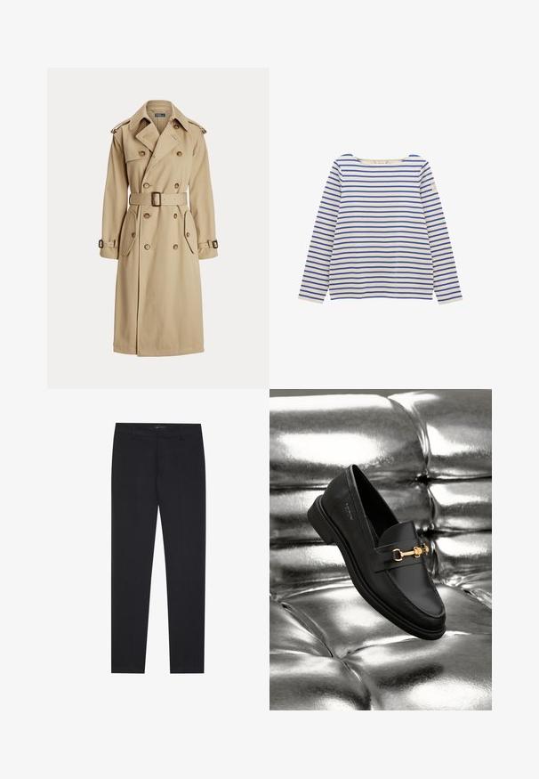 Beige trenchcoat med dobbeltbrystet front, store knapper, bælte i taljen, to sidelommer og skulderepauleter. Glat stofstruktur.; Hvid langærmet skjorte med vandrette blå striber og et lille rektangulært mærke på den øverste venstre ærme.; Sorte slim-fit formelle bukser med bæltestropper og forlommer, designet til et skræddersyet, professionelt look.; Sorte læder loafers med en guldfarvet hardware detalje. Skoen har et elegant design og en glat, skinnende overflade.