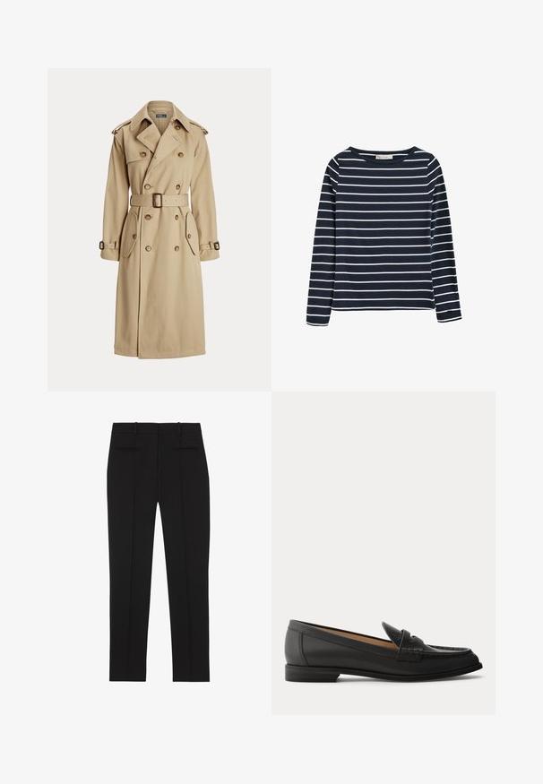 Beige trenchcoat med dobbeltbrystet front, store knapper, bælte i taljen, to sidelommer og skulderepauleter. Glat stofstruktur.; Navyblå langærmet skjorte med hvide vandrette striber, rund hals og en lille logotag på venstre ærmekant.; Sorte skræddersyede bukser med lige ben, bæltestropper og to paspolerede lommer bagpå, designet til formelt brug.; Sort dames loafer i læder med lav hæl, rundet tå og syninger på overdelen, vist fra siden på en ensfarvet baggrund.
