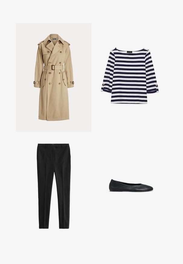 Beige trenchcoat med dobbeltbrystet front, store knapper, bælte i taljen, to sidelommer og skulderepauleter. Glat stofstruktur.; Marineblå og hvide stribede langærmede top med bådudskæring og guldknapdetaljer på opsmøgede ærmer. Blødt stof, afslappet pasform.; Sorte bukser lavet af glat stof, med skræddersyet pasform, frontfolder og bæltestropper, samt sidelommer og baglommer.; Sort dames balletsko i læder med rund tå og lav hæl, vist på hvid baggrund.