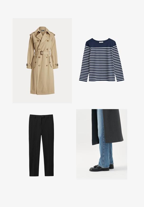 Beige trenchcoat met een dubbelgeknoopt voorpand, grote knopen, een ceintuur op de taille, twee zijzakken en schouderepaulets. Gladde stofstructuur.; Marineblauw longsleeve shirt met witte horizontale strepen. Ronde halslijn, zachte stof, losse pasvorm en geen zichtbare hardware of versieringen.; Zwarte broek met een op maat gemaakte ontwerp, vlakke voorkant, twee zijzakken en een rechte pijp. Gemaakt van gladde stof met een subtiele glans.; Zwarte leren instappers met kwastjes, gedragen met lichtblauwe rechtlopende jeans, aangevuld met een donkergrijze jas. Schone lijnen en textiel met structuur.