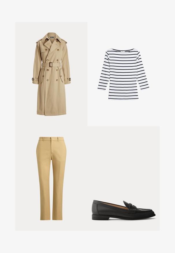 Beige trenchcoat med dobbeltbrystet front, store knapper, bælte i taljen, to sidelommer og skulderepauleter. Glat stofstruktur.; Marks & Spencer STRIPED SLASH NECK - Langærmet T-shirt - white mix; Beige bukser med lige ben, bæltestropper, forreste presning og en ensfarvet talje mod en ensfarvet baggrund.; Sort dames loafer i læder med lav hæl, rundet tå og syninger på overdelen, vist fra siden på en ensfarvet baggrund.