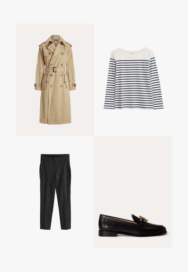 Beige trenchcoat med dobbeltbrystet front, store knapper, bælte i taljen, to sidelommer og skulderepauleter. Glat stofstruktur.; Langærmet bluse i økologisk bomuld med hvid baggrund og marineblå vandrette striber. Rund halsudskæring, afslappet pasform, ingen synlige detaljer.; Sorte bukser med en glat tekstur, udstyret med lommer med lynlås foran og udtryksfulde folder. Minimalistisk design med en skræddersyet pasform.; Sort læderloafer med lav hæl og guldfarvet metalspænde på toppen, vist fra siden på hvid baggrund.