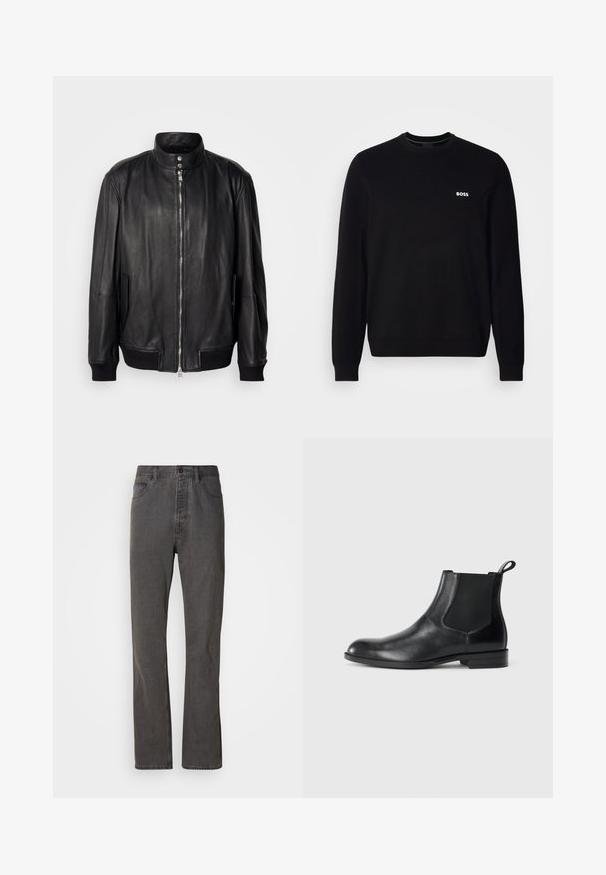 Chaqueta de cuero negra con cremallera frontal, cuello con botón a presión, bolsillos laterales y puños y dobladillo acanalados, exhibida sobre un fondo simple.; Suéter negro de manga larga con cuello redondo, con un pequeño logotipo blanco "BOSS" en el lado izquierdo del pecho, puños y dobladillo de canalé, presentado sobre un fondo blanco.; Vaqueros de mezclilla gris con un diseño de pierna recta, que cuentan con bolsillos frontales, un cierre de botón y una textura sutil.; Botín negro de cuero hasta el tobillo con paneles elásticos a los lados, punta redondeada y lengüeta. Textura suave, suela plana, diseño minimalista.