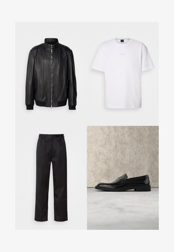 Chaqueta de cuero negra con cremallera frontal, cuello con botón a presión, bolsillos laterales y puños y dobladillo acanalados, exhibida sobre un fondo simple.; Camiseta de algodón blanca de manga corta, con escote redondo y logotipo grabado de "BOSS" en el pecho. Textura suave, ajuste estándar.; Pantalones negros de tela suave, con cierre delantero de botón, pliegues y patas rectas. Sin patrones ni acentos visibles.; Zapato loafer de cuero negro pulido flotando sobre una alfombra beige con muebles translúcidos naranjas de fondo.