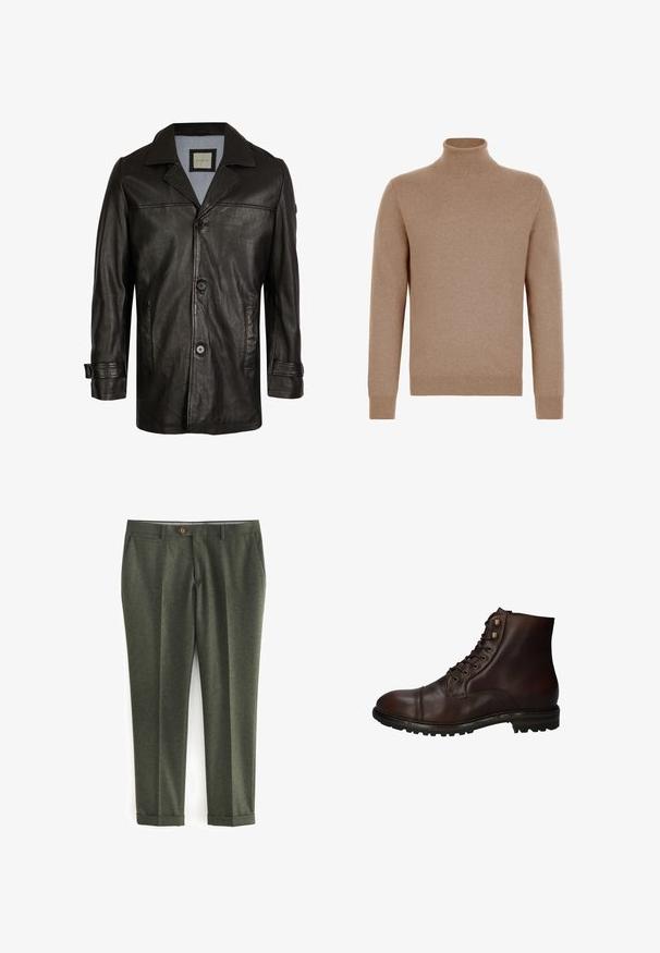 Schwarze Lederjacke mit Reverskragen, Knopfverschluss, zwei seitlichen Taschen und einem weichen blauen Futter. Hat einen lässigen Schnitt und eine glatte Textur.; Schlichter brauner Langarm-Rollkragenpullover mit rippenbesetzten Bündchen und Saum, auf weißem Hintergrund dargestellt.; Dunkelgrüne Hosen aus strukturiertem Stoff, mit seitlichen Taschen, einem vorderen Knopfverschluss und umgeschlagenen Säumen für einen maßgeschneiderten Look.; Dunkelbraune Leder Schnürstiefelette mit robustem Gummisohlen und Metallösen, von der Außenseite betrachtet.