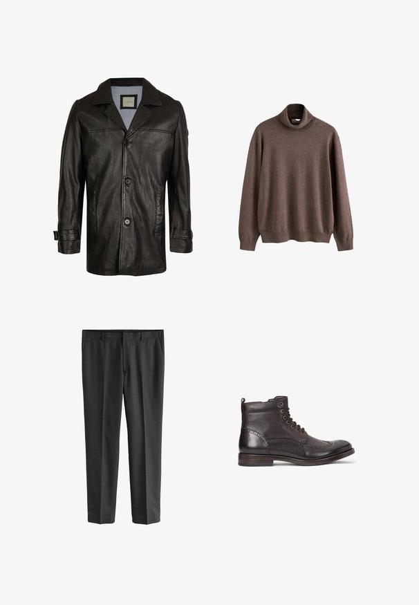 Schwarze Lederjacke mit Reverskragen, Knopfverschluss, zwei seitlichen Taschen und einem weichen blauen Futter. Hat einen lässigen Schnitt und eine glatte Textur.; Brauner Rollkragenpullover aus weichem Stoff. Hat lange Ärmel und eine lockere Passform, mit geripptem Kragen und Saumdetails.; Grau maßgeschneiderte Hose aus feinem Stoff. Mit geraden Beinen, glatter Textur und subtilen Webmuster. Sichtbare Fronttaschen.; Dunkelbraune Leder-Stiefelette mit Wingtipp-Design, runder Zehenpartie, subtilen Broguedetails, Metallösen und flachem Absatz. Mit Zuglasche.