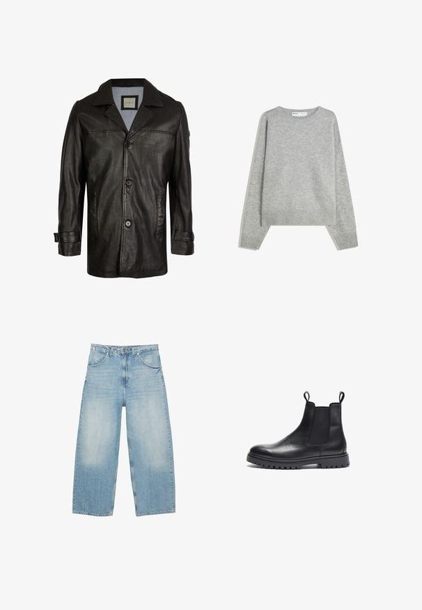 Schwarze Lederjacke mit Reverskragen, Knopfverschluss, zwei seitlichen Taschen und einem weichen blauen Futter. Hat einen lässigen Schnitt und eine glatte Textur.; Grauer Strickpullover mit Rundhalsausschnitt, Rippbündchen und -saum, mit entspannter Passform und weichem Material.; Hellblaue, weit geschnittene Jeans mit vorderen Taschen, Gürtelschlaufen und einem Verschluss mit Knopf und Reißverschluss, flach auf einem weißen Hintergrund dargestellt.; Schwarze Leder Chelsea-Boots mit strukturierter Oberfläche, elastischen Seitenpanels und Zuglaschen. Verfügt über eine klobige Gummisohle mit Profil.