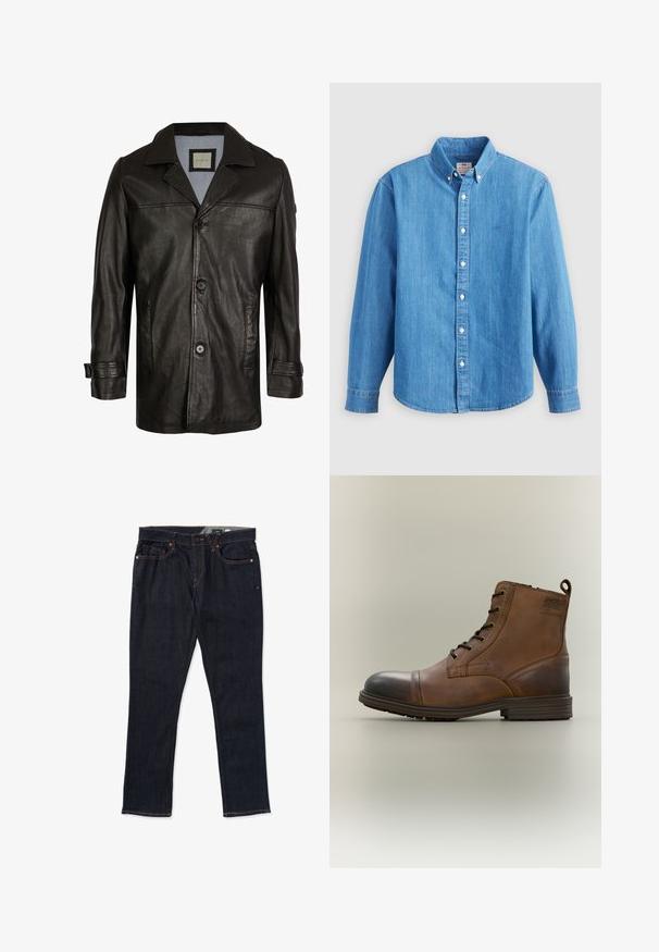 Chaqueta de cuero negra con solapa, cierre de botones, dos bolsillos laterales y un forro suave azul. Presenta un corte relajado y una textura lisa.; Camisa de mezclilla azul claro con mangas largas, cuello abotonado y botones blancos. Presenta un pequeño logo bordado en el pecho.; Vaqueros de mezclilla oscura con corte recto, costuras naranjas, diseño de cinco bolsillos y cierre clásico de botón y cremallera.; Bota de cuero marrón con cordones hasta el tobillo, puntera negra, suela redonda y detalle de marca en el lateral sobre un fondo liso.