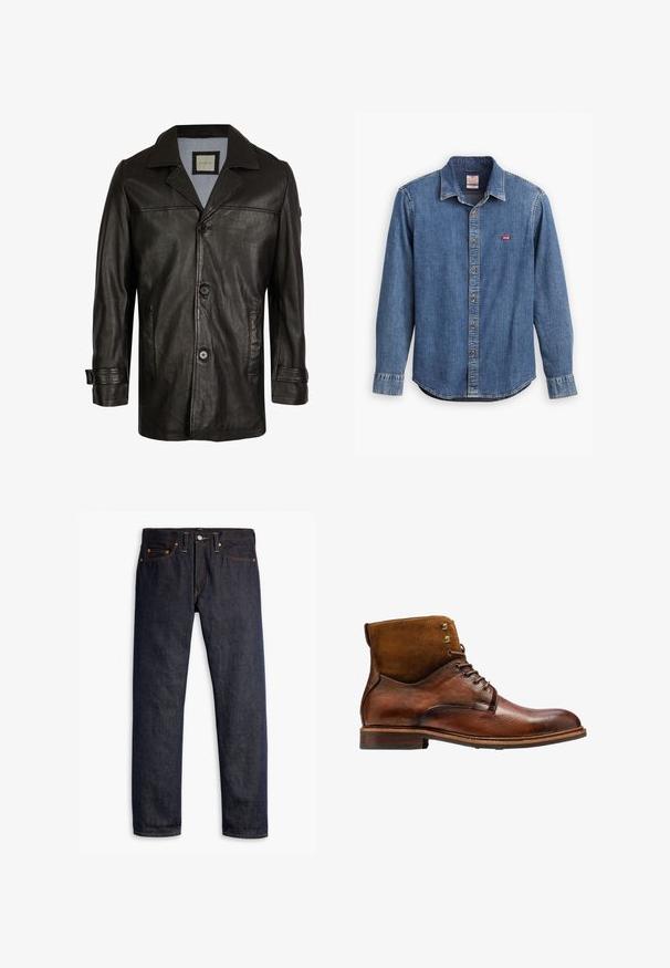 Chaqueta de cuero negra con solapa, cierre de botones, dos bolsillos laterales y un forro suave azul. Presenta un corte relajado y una textura lisa.; Camisa de mezclilla en azul oscuro con cuello abotonado, mangas largas, detalles cosidos y un pequeño logo rojo en el área del bolsillo del pecho.; Vaqueros de denim azul oscuro con corte recto, diseño de cinco bolsillos, remaches de cobre, costuras amarillas y una tela texturizada distintiva.; Kazar ALID - Botines con cordones - brown