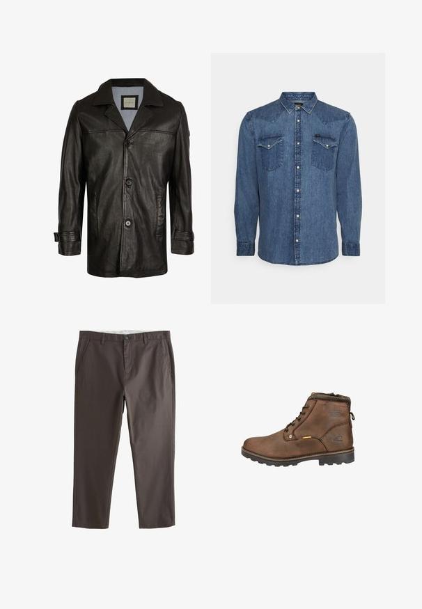 Chaqueta de cuero negra con solapa, cierre de botones, dos bolsillos laterales y un forro suave azul. Presenta un corte relajado y una textura lisa.; Camisa de mezclilla azul de manga larga con botones a presión y dos bolsillos en el pecho, mostrada sobre un fondo claro y liso.; Pantalones marrones casual de pierna recta con bolsillos delanteros, trabillas para cinturón, botón y cierre de cremallera.; Bota de cuero marrón hasta el tobillo con punta redonda, diseño con cordones, cuello acolchado y suela de goma texturizada. Presenta logotipo y acentos metálicos.