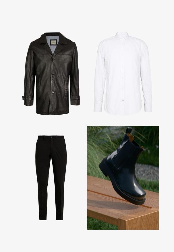 Chaqueta de cuero negra con solapa, cierre de botones, dos bolsillos laterales y un forro suave azul. Presenta un corte relajado y una textura lisa.; Camisa blanca de manga larga hecha de algodón. Presenta un cuello, cierre frontal con botones y puños con un solo botón. Textura suave, diseño limpio.; Pantalones negros de corte ajustado, hechos de una tela suave, con un frente plano, dos bolsillos laterales y un cierre de un solo botón.; Botín chelsea de cuero negro con acabado suave, paneles laterales elásticos, punta redondeada y suela de goma gruesa, posicionado sobre una superficie de madera.