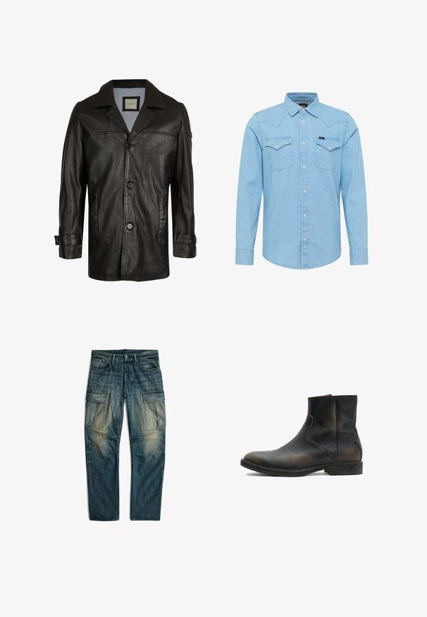 Zwarte leren jas met een notch-kraag, knoopsluiting, twee zijzakken en een zachte blauwe voering. Heeft een ontspannen pasvorm en een gladde textuur.; Lichtblauw denim overhemd met lange mouwen, knoopsluiting, twee achterzakken met knoop, puntige kraag en klein Lee-logo op de linkerzak.; Verbleekte blauwe denim cargobroek met voorzakken, riemlussen, knoopsluiting en grote klepzakken op beide dijen.; AllSaints LANG - Lage laarzen - brown