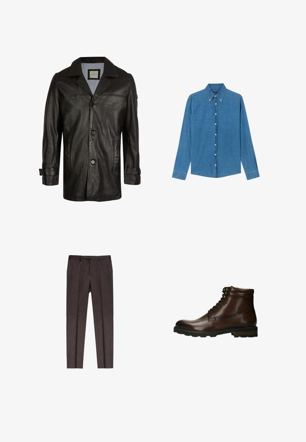 Zwarte leren jas met een notch-kraag, knoopsluiting, twee zijzakken en een zachte blauwe voering. Heeft een ontspannen pasvorm en een gladde textuur.; Blauwe denim shirt met een button-down kraag, lange mouwen en knopen aan de voorkant. De stof heeft een gestructureerde afwerking met een klassieke snit.; Bruine op maat gemaakte broek van een textuurstof. Kenmerken zijn een rechte pijp, voorplooien en een knoopsluiting bij de taille.; Bruine leren enkelboot met een ronde neus, zes veterogen en een vetersluiting, en een gestructureerde rubberen zool met ribbels voor grip.