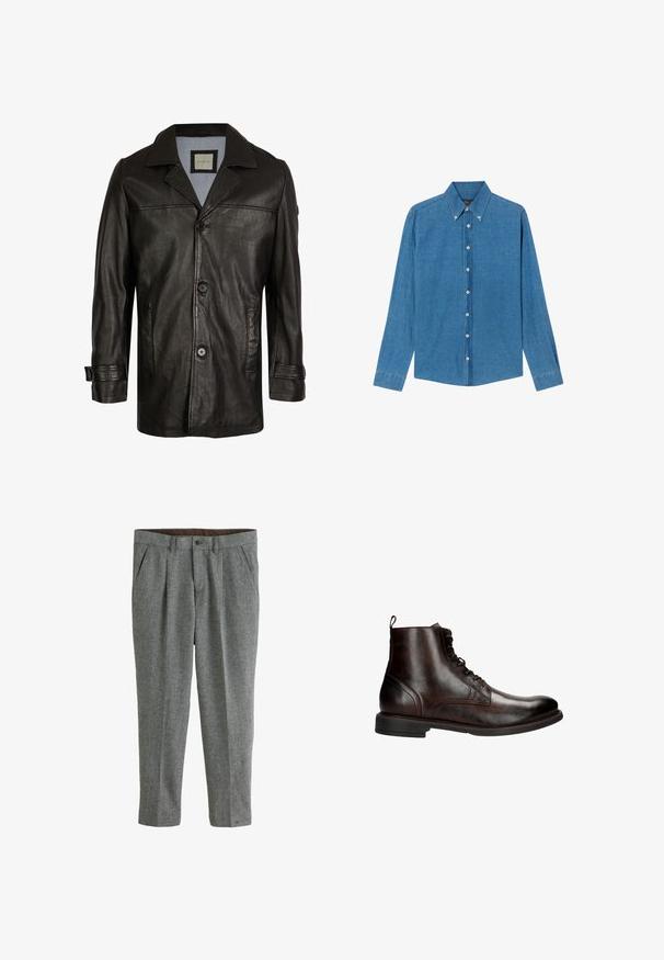 Zwarte leren jas met een notch-kraag, knoopsluiting, twee zijzakken en een zachte blauwe voering. Heeft een ontspannen pasvorm en een gladde textuur.; Blauwe denim shirt met een button-down kraag, lange mouwen en knopen aan de voorkant. De stof heeft een gestructureerde afwerking met een klassieke snit.; Grijze wollen broeken met een gestructureerd oppervlak, met een rechte pijp, geplooide voorkant en zijzakken. Bruine voering zichtbaar bij de taille.; Donkerbruine leren enkelboot met veters, lage hak en een gladde gepolijste afwerking, gezien vanaf de buitenkant.