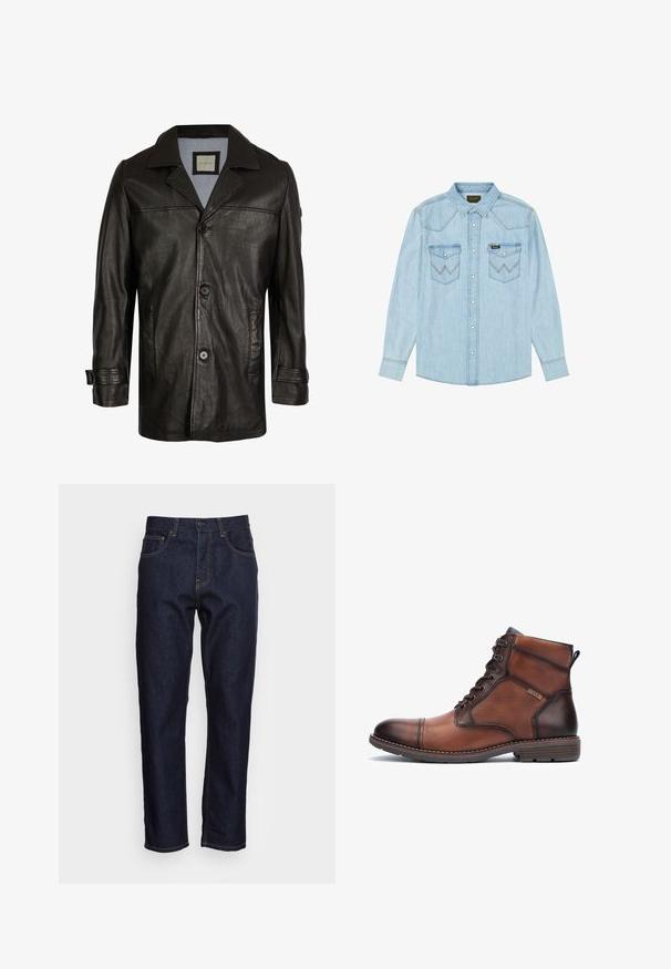 Zwarte leren jas met een notch-kraag, knoopsluiting, twee zijzakken en een zachte blauwe voering. Heeft een ontspannen pasvorm en een gladde textuur.; Lichtblauwe denim blouse met lange mouwen en drukknopen, twee borstzakken met klep en zigzagstiksels, kraag en Wrangler-label.; Donkerblauwe spijkerbroeken met een rechte snit, vijf zakken en contrasterende gele stiksels. Ontworpen met een klassieke knoop- en ritssluiting.; Bruine leren en stoffen herenschoenen met enkelhoogte, veters, stikdetails, lage hak en merklogo aan de zijkant.