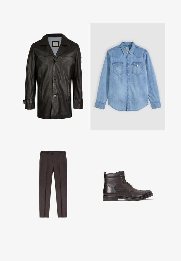 Chaqueta de cuero negra con solapa, cierre de botones, dos bolsillos laterales y un forro suave azul. Presenta un corte relajado y una textura lisa.; Camisa vaquera azul claro de manga larga con cuello puntiagudo, dos bolsillos en el pecho con solapas y botones automáticos blancos en el frente.; Pantalones marrones de corte a medida en un tejido texturizado. Presentan un corte de pierna recta, pliegues en la parte delantera y un cierre de botón en la cintura.; Botín de cuero marrón oscuro con diseño de punta alada, puntera redonda, sutil detalle de brogue, ojales de metal y tacón plano. Cuenta con una lengüeta.