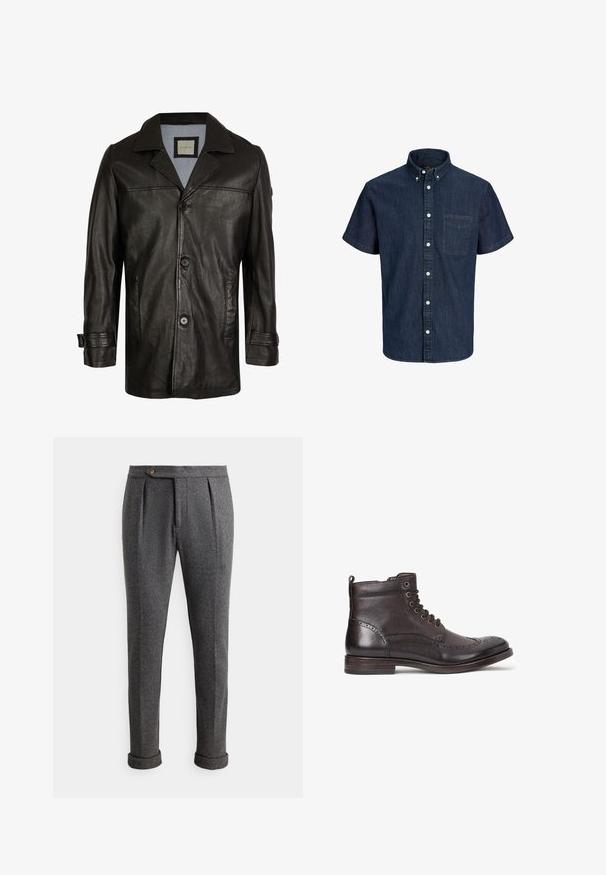 Zwarte leren jas met een notch-kraag, knoopsluiting, twee zijzakken en een zachte blauwe voering. Heeft een ontspannen pasvorm en een gladde textuur.; Donkerblauw denim shirt met korte mouwen, knoopkraag, borstzak aan de voorkant en witte knopen in het midden.; Grijze wollen broek met plooien, een knoopsluiting en opgerolde boorden. Gladde structuur met een op maat gemaakte vorm voor een gestructureerde pasvorm.; Donkerbruine leren enkelboot met wingtip-design, ronde neus, subtiele brogue-details, metalen veterogen en platte hak. Voorzien van een trekflap.