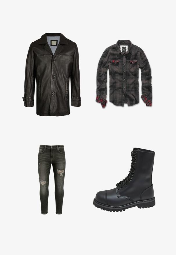 Schwarze Lederjacke mit Reverskragen, Knopfverschluss, zwei seitlichen Taschen und einem weichen blauen Futter. Hat einen lässigen Schnitt und eine glatte Textur.; Schwarzes karierte Flanellhemd mit roten Akzenten auf den Brusttaschen und den Manschetten, ausgestattet mit Knopfleiste und klassischem Kragen.; Schwarze enge Jeans mit Rissen an den Oberschenkeln, mittlerer Waschung, klassisches Fünf-Taschen-Design und Metallknopfverschluss.; Schwarze Lederkampfstiefel mit hohem Schaft, Schnürung an der Vorderseite, gepolstertem Kragen und rutschfester, strukturierter Sohle für guten Halt. Mit verstärkter Zehenkappe.