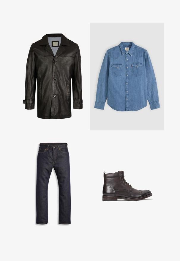 Schwarze Lederjacke mit Reverskragen, Knopfverschluss, zwei seitlichen Taschen und einem weichen blauen Futter. Hat einen lässigen Schnitt und eine glatte Textur.; Langärmliges blaues Jeanshemd mit spitzem Kragen, geknöpfter Vorderseite und zwei Brusttaschen mit Knopfklappen vor einfarbigem Hintergrund.; Dunkelblaue Jeans aus Denim mit geradem Schnitt, Fünf-Taschen-Design, metallischen Komponenten und kontrastierenden orangen Nähten. Glatte Textur, keine sichtbaren Muster.; Dunkelbraune Leder-Stiefelette mit Wingtipp-Design, runder Zehenpartie, subtilen Broguedetails, Metallösen und flachem Absatz. Mit Zuglasche.