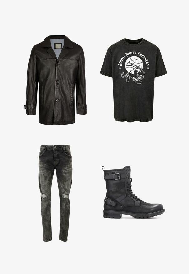 Chaqueta de cuero negra con solapa, cierre de botones, dos bolsillos laterales y un forro suave azul. Presenta un corte relajado y una textura lisa.; Camiseta de algodón negra de manga corta con un gráfico de un pantera y el texto "South Philly Panthers" con un diseño de béisbol.; Jeans ajustados de corte delgado, en negro deslavado, hechos de denim con parches desgastados en las rodillas. Presenta bolsillos estándar y cierre de botón.; Kazar HEARD - Botines camperos - black