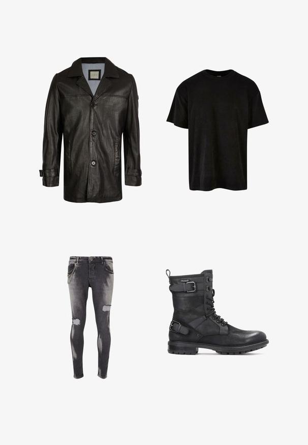 Schwarze Lederjacke mit Reverskragen, Knopfverschluss, zwei seitlichen Taschen und einem weichen blauen Futter. Hat einen lässigen Schnitt und eine glatte Textur.; Schwarzes Baumwoll-T-Shirt mit kurzen Ärmeln, Rundhalsausschnitt, lässiger Passform und glatter Oberfläche. Keine Muster oder zusätzlichen Details sichtbar.; Schwarze, distressed Skinny-Jeans mit ausgefransten Knieausschnitten und einem silbernen Kettendetail auf der vorderen Tasche. Verwischte Waschung mit glatter Textur.; Kazar HEARD - Cowboy-/Bikerstiefelette - black
