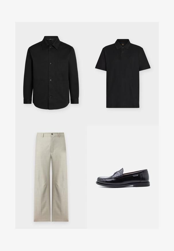 Chemise noire à manches longues boutonnée avec un col pointu et trois poches plaquées à l'avant sur un fond uni.; Polo noir à manches courtes avec deux boutons, col côtelé et logo discret "BOSS" sur la poitrine gauche.; Pantalon formel beige clair à jambes droites, fermeture avec bouton et fermeture éclair, passants pour ceinture, présenté sur un fond blanc.; Mocassins en cuir noir avec une finition brillante, présentant un motif cousu sur l'avant-pied et une semelle en caoutchouc noire texturée et basse.