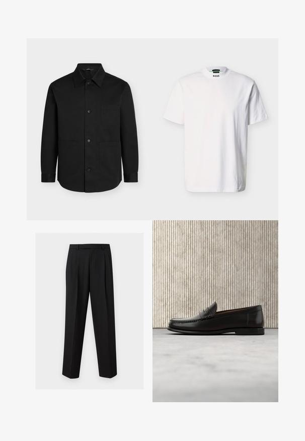Chemise noire à manches longues boutonnée avec un col pointu et trois poches plaquées à l'avant sur un fond uni.; T-shirt blanc à manches courtes en coton, avec un col rond et un logo de la marque imprimé au niveau du col. Texture lisse, design basique.; Pantalon noir sur mesure avec jambes droites, plis à la taille, passants de ceinture et poches latérales fendues, présenté sur un fond uni.; Mocassin penny en cuir noir avec talon bas, bout arrondi et détails cousus à l'avant et sur les côtés, présenté sur un fond neutre.