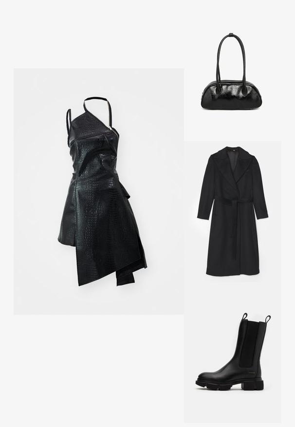 Zwarte wollen jas met een dubbelbreasted ontwerp, brede revers, lange mouwen en een bijpassende riem in de taille. Soepele textuur, minimale details.; Zwart neplederen jurk met een asymmetrisch ontwerp, textuur met krokodillenpatroon en een zijrits. Inclusief enkele schouderband.; Zwarte leren enkellaars met elastische zijpanelen, chunky rubberen zool en trekflappen. Bevat subtiele branding die op de zijkant is geperst.; Zwarte leren handtas met een gebarsten structuur, ovale vorm en twee ronde handvatten. Heeft een ritssluiting langs de bovenrand.