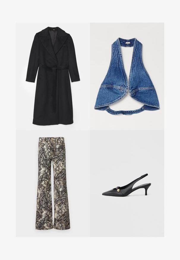 Zwarte wollen jas met een dubbelbreasted ontwerp, brede revers, lange mouwen en een bijpassende riem in de taille. Soepele textuur, minimale details.; Blauwe denim gilet met een mouwloos ontwerp, voorzien van een diepe V-hals, open voorkant en een geplooide achterkant. Versterkte stiksels en ritsdetails.; Uitgebreide broek in een gestructureerd slangprintpatroon, met tinten grijs, zwart en beige, voorzien van metallic accenten en standaard knoopsluiting.; Zwarte leren slingbackschoenen met een spits toelopende neus, een gebogen hak en een gouden sierknop aan de zijkant. Gladde textuur en minimalistisch design.