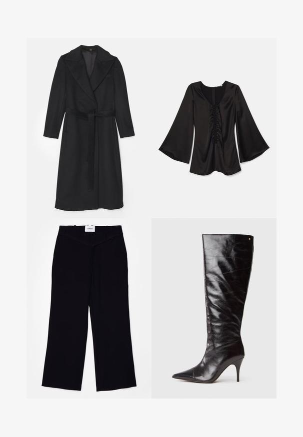 Zwarte wollen jas met een dubbelbreasted ontwerp, brede revers, lange mouwen en een bijpassende riem in de taille. Soepele textuur, minimale details.; Zwarte satijnen blouse met lange, uitlopende mouwen. Heeft een diepe scoop halslijn en geplooide details in het midden. Soepele textuur. Ritssluiting op de rug.; Zwarte wijde broek in een gladde stof. Voorzien van een platte tailleband met riemlussen en een nette afwerking bij de zoom.; Hoge zwarte leren laars met hoge hak en spitse neus, met lichte kreukels op de schacht, weergegeven in profiel op een witte achtergrond.