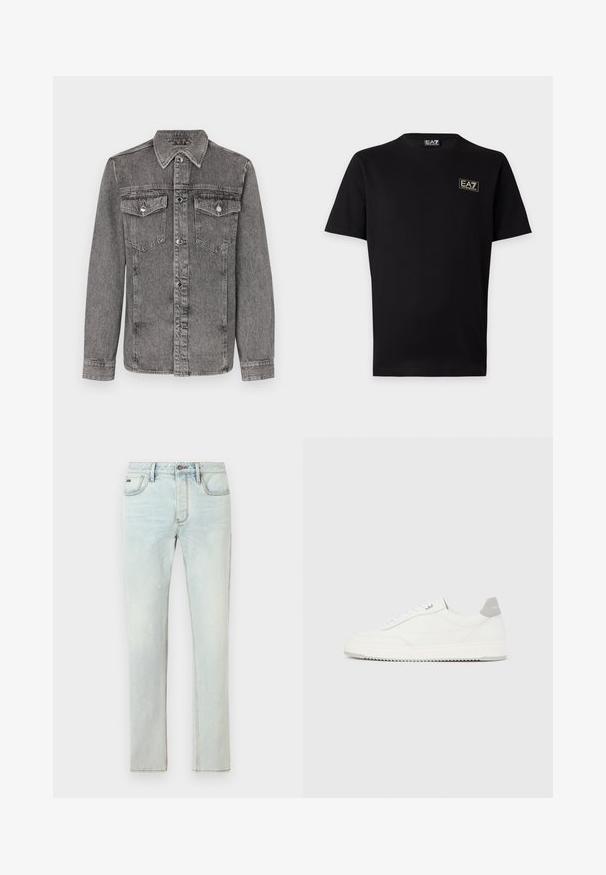 Veste en denim gris avec un col, fermeture à boutons sur le devant, deux poches poitrine et des manches longues. Caractéristiques en métal argenté et une finition texturée.; T-shirt noir à manches courtes avec petit patch logo EA7 Emporio Armani sur la poitrine gauche et étiquette assortie au col.; Jean en denim bleu clair à coupe droite, cinq poches et détails légèrement usés, avec des coutures contrastantes et une fermeture par bouton.; Baskets basses blanches avec un onglet de talon gris, des lacets blancs et une semelle texturée, présentées sur un fond uni clair.