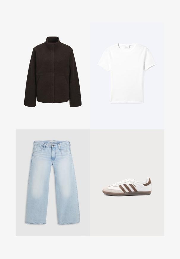 Chaqueta de forro polar marrón oscuro con cuello alto, cierre frontal de botones a presión y dos bolsillos laterales, mostrada sobre un fondo blanco liso.; Camiseta blanca lisa de manga corta con cuello redondo y una pequeña etiqueta "WEEKDAY" dentro del cuello, mostrada extendida sobre un fondo claro.; Jeans de pierna ancha en un suave tono azul, confeccionados en denim. Presentan corte recto, diseño de cinco bolsillos y un cierre de botón en la cintura.; Zapatilla blanca Adidas Samba con franjas de ante marrón, suela de goma marrón y puntera de ante beige, vista desde el lado exterior sobre un fondo liso.