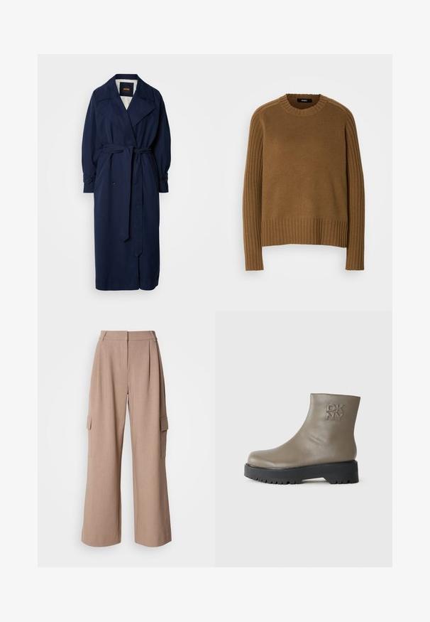 En navy blå trenchcoat med en bælte i taljen, stor krave og knappede manchetter. Lavet af et glat stof og har en quiltet foring.; Brun strikket sweater med ribbet tekstur, rund halsudskæring og lange ærmer. Har kontrasterende ribbet detaljer langs skuldrene.; Beige brede cargobukser med frontfald, to sidelommer og solidt stof. Har en høj talje og lige pasform ved kanten.; Taupe læder ankelstøvle med sort chunky sål og prægede DKNY-logo på ydersiden.