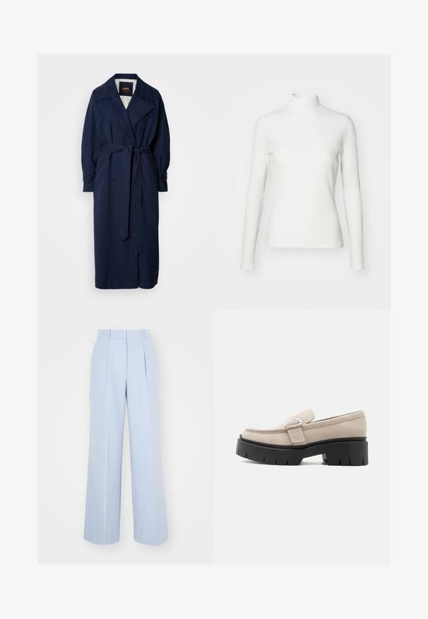 En navy blå trenchcoat med en bælte i taljen, stor krave og knappede manchetter. Lavet af et glat stof og har en quiltet foring.; Hvid ribbet turtleneck blouse med lange ærmer, lavet af elastisk stof. Har et tætsiddende design og høj hals for god dækning.; Lysblå vidde bukser med høj talje, der har plisseringer foran, lavet af et glat, vævet stof. Ingen synlig hardware.; Beige ruskindslipper med sølvspænde og tyk sort kraftig sål, set fra siden på hvid baggrund.