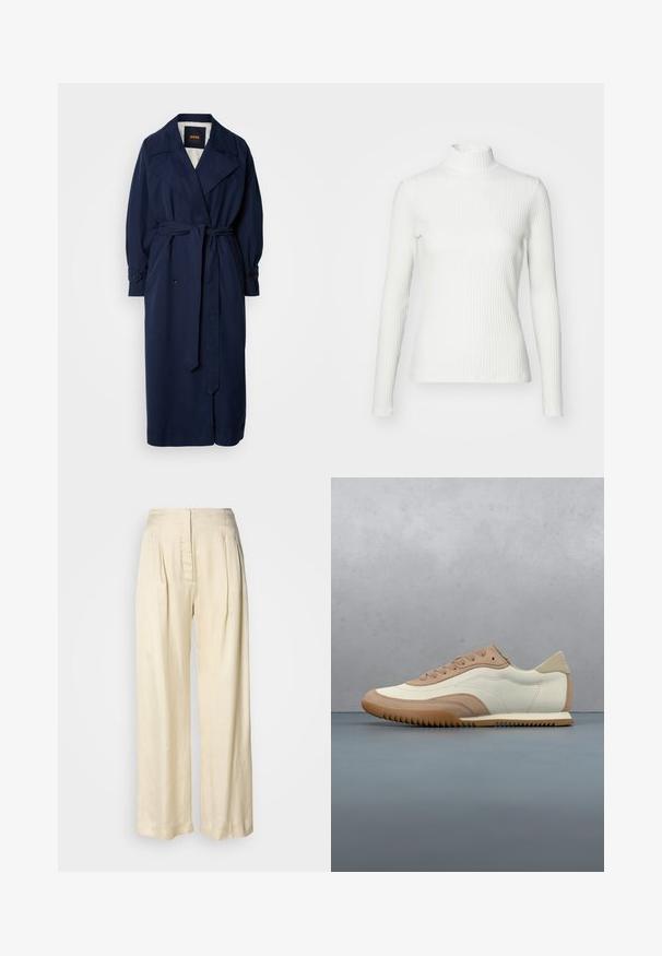 Navy blauer Trenchcoat mit einem taillierten Gürtel, großem Kragen und geknöpften Manschetten. Hergestellt aus einem glatten Stoff, verfügt über ein gestepptes Innenfutter.; Weißes geripptes Turtleneck-Oberteil mit langen Ärmeln, aus elastischem Stoff. Verfügt über ein enganliegendes Design und einen hohen Kragen für zusätzlichen Schutz.; Hohe Taille, cremefarbene Seidenhose mit Falten, weitem Bein und einem versteckten Reißverschluss vorne vor schlichtem weißem Hintergrund.; Beige-weißer Sneaker mit einer strukturierten Oberseite, Schnürsenkeln und einer Gummisohle, präsentiert über einer Holzfläche mit Kieselsteinen.