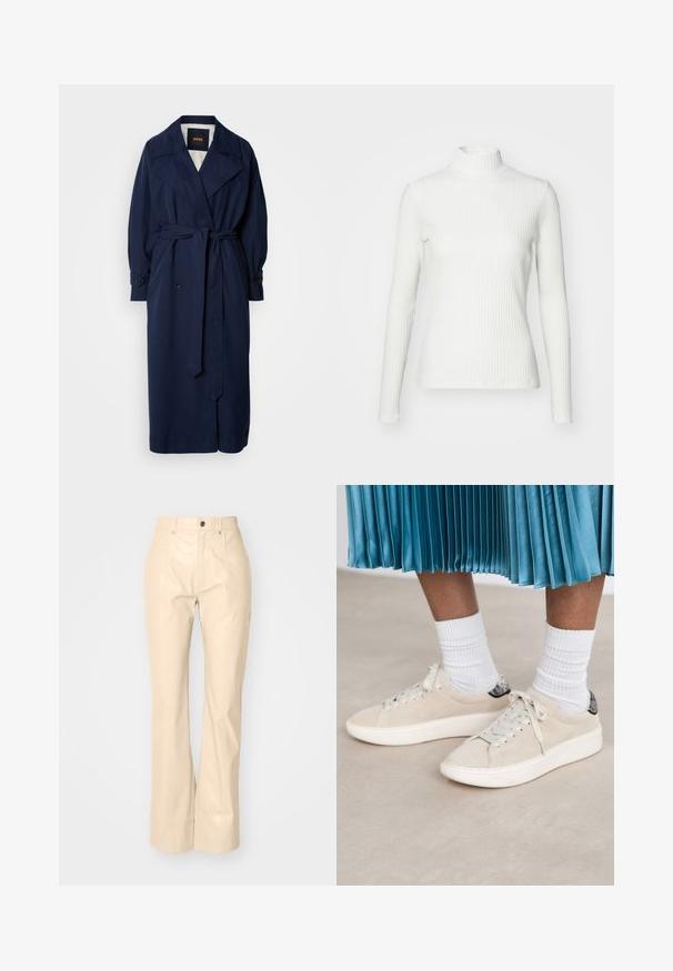 Navy blauer Trenchcoat mit einem taillierten Gürtel, großem Kragen und geknöpften Manschetten. Hergestellt aus einem glatten Stoff, verfügt über ein gestepptes Innenfutter.; Weißes geripptes Turtleneck-Oberteil mit langen Ärmeln, aus elastischem Stoff. Verfügt über ein enganliegendes Design und einen hohen Kragen für zusätzlichen Schutz.; Beige Fake-Leder Schlaghosen mit glatter Textur, ausgestattet mit Vordertaschen, einem Knopfverschluss und einem dezenten, glänzenden Finish.; Beige Wildleder-Sneaker mit einer weißen Gummisohle und Schnürdesign. Akzentuiert mit einem strukturierten schwarzen Rückenelement. Tragen Sie sie mit weißen gerippten Socken.