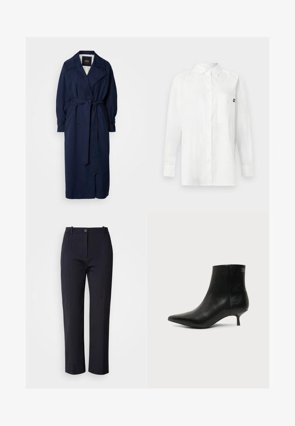 Navy blauer Trenchcoat mit einem taillierten Gürtel, großem Kragen und geknöpften Manschetten. Hergestellt aus einem glatten Stoff, verfügt über ein gestepptes Innenfutter.; Weißes Langarmhemd aus Baumwollmischgewebe mit einem Button-Down-Kragen, einer Brusttasche und einem kleinen schwarzen Logo auf der Brust.; Marineblaue Hose mit geradem Schnitt, aus glattem Stoff gefertigt. Sie verfügt über Fronttaschen und einen Knopfverschluss an der Taille.; Schwarzer Leder-Knöchel-Stiefel mit spitzer Spitze und niedrigem Kittenabsatz vor hellem Hintergrund, seitliche Ansicht.