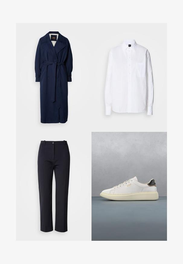 Navy blauer Trenchcoat mit einem taillierten Gürtel, großem Kragen und geknöpften Manschetten. Hergestellt aus einem glatten Stoff, verfügt über ein gestepptes Innenfutter.; Weißes Hemd aus Baumwolle mit klassischem Kragen, langen Ärmeln, einer Brusttasche und einer glatten, knackigen Textur.; Marineblaue Hose mit geradem Schnitt, aus glattem Stoff gefertigt. Sie verfügt über Fronttaschen und einen Knopfverschluss an der Taille.; Weiße Sneaker mit einem Obermaterial aus glattem Leder, ausgestattet mit einer tanfarbenen und schwarzen Lederfersenkappe, runden Schnürsenkeln und einer massiven beige Gummisohle. Goldene Logo-Details.